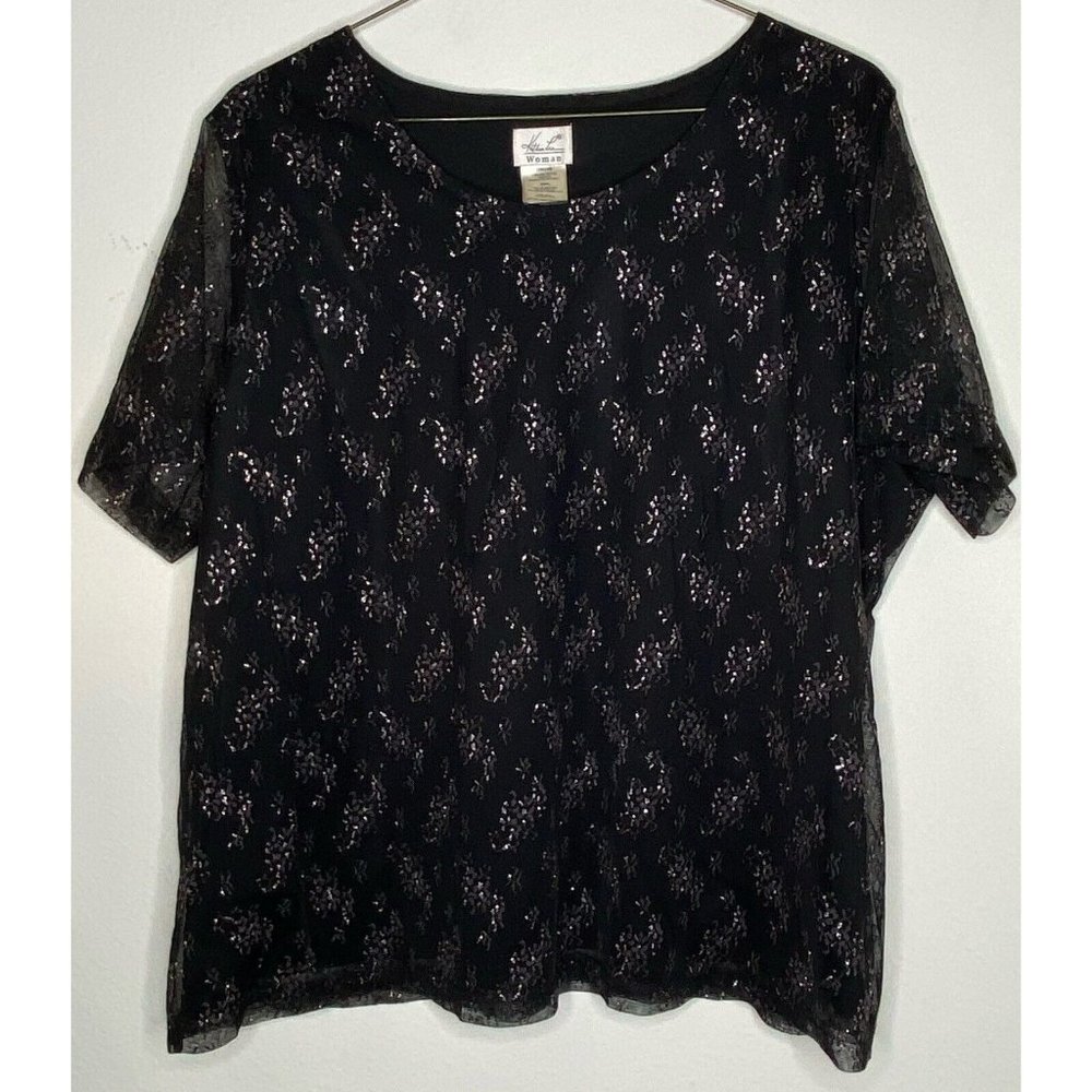 Women Size 22/24W Kathie Lee Black Glitter Blouse Short Sleeve Disco VTG Party